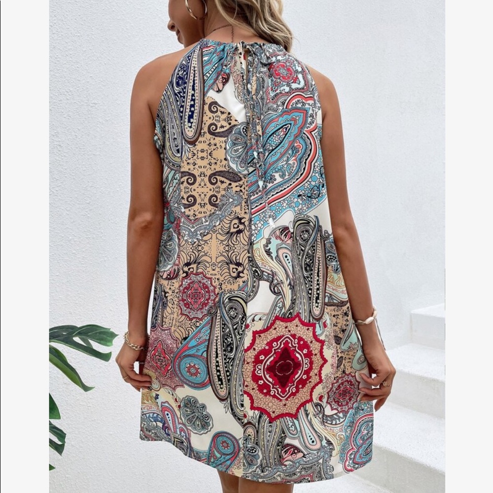 Boho Floral Paisley Print Halter Mini Dress - Picture 8 of 11